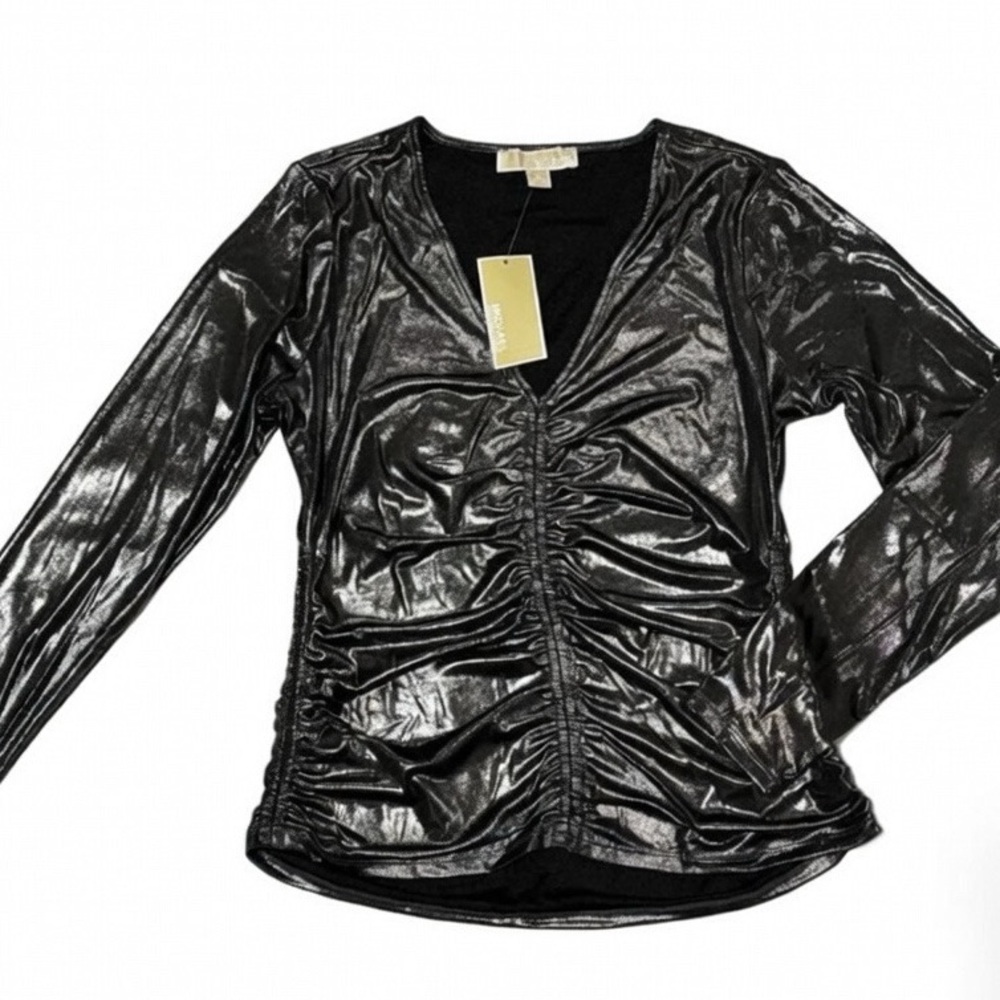 Michael Kors Shiny Black Ruched V-Neck Leather-Effect Jacket